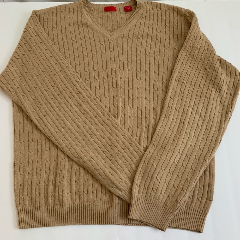 Izod Mens Size XL Sweater Pullover Tan Cable Knit Cotton Long Sleeve V Neck